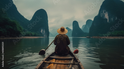 An old man in a straw hat floats on the Li Guizqiang River, China. A Chinese sage in a boat floats on the Li River. Created in ai.