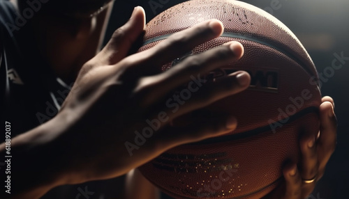 One person playing basketball  holding ball tightly generated by AI