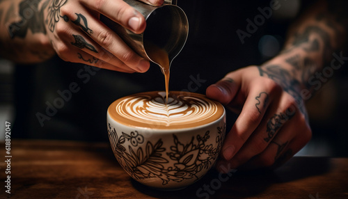 Barista pouring frothy cappuccino on wooden table generated by AI