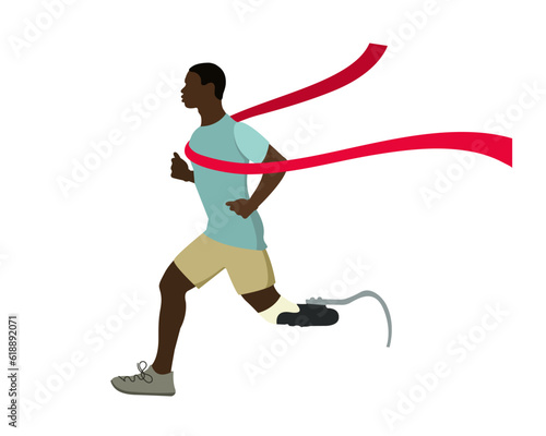 An African man with a prosthetic leg was the first to reach the finish line with a red ribbon. 