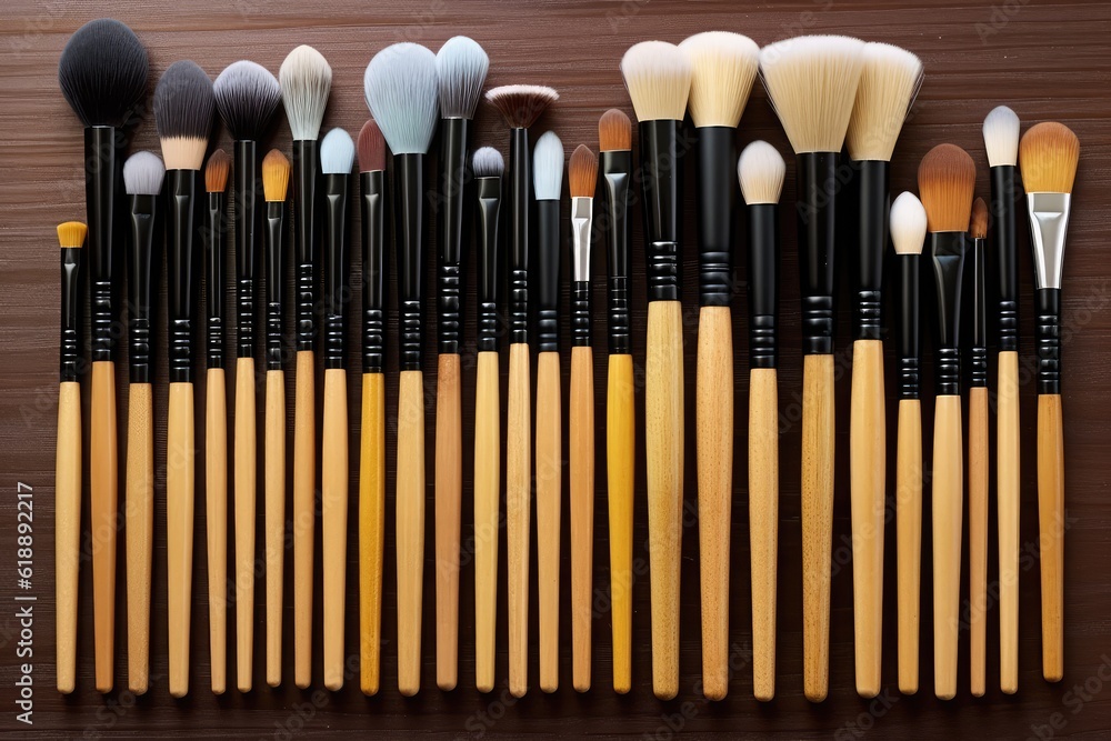 Professional Makeup Brush Collection: Flatlay of Diverse Shapes & Sizes on Wood Professional Makeup Brush Collection: Flatlay of Diverse Shapes & Sizes on Wood