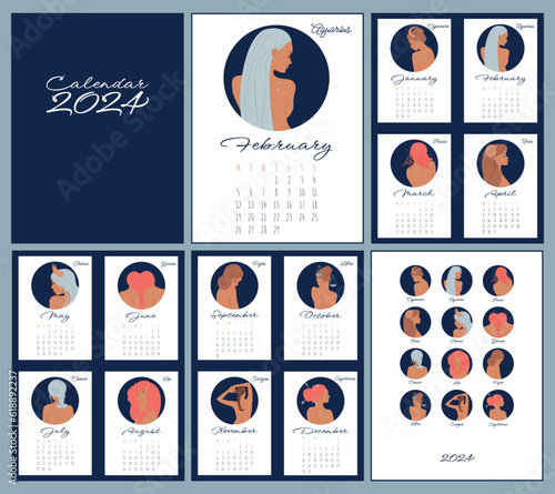 Calendar 2024. Zodiac signs: aquarius, libra, leo, taurus, cancer, pisces, virgo, capricorn, sagittarius, aries, gemini, scorpio. Astrological calender. Color vector horoscope. Ready design