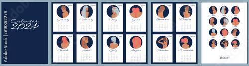 Calendar 2024. Zodiac signs: aquarius, libra, leo, taurus, cancer, pisces, virgo, capricorn, sagittarius, aries, gemini, scorpio. Astrological calender. Color vector horoscope. Ready design