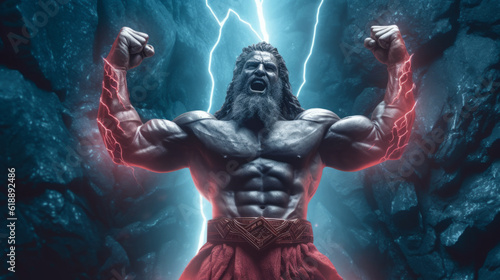 The male figure of a mythological deity, a muscular Zeus in lightning bolts and fiery veins on strong arms. Created with AI.
