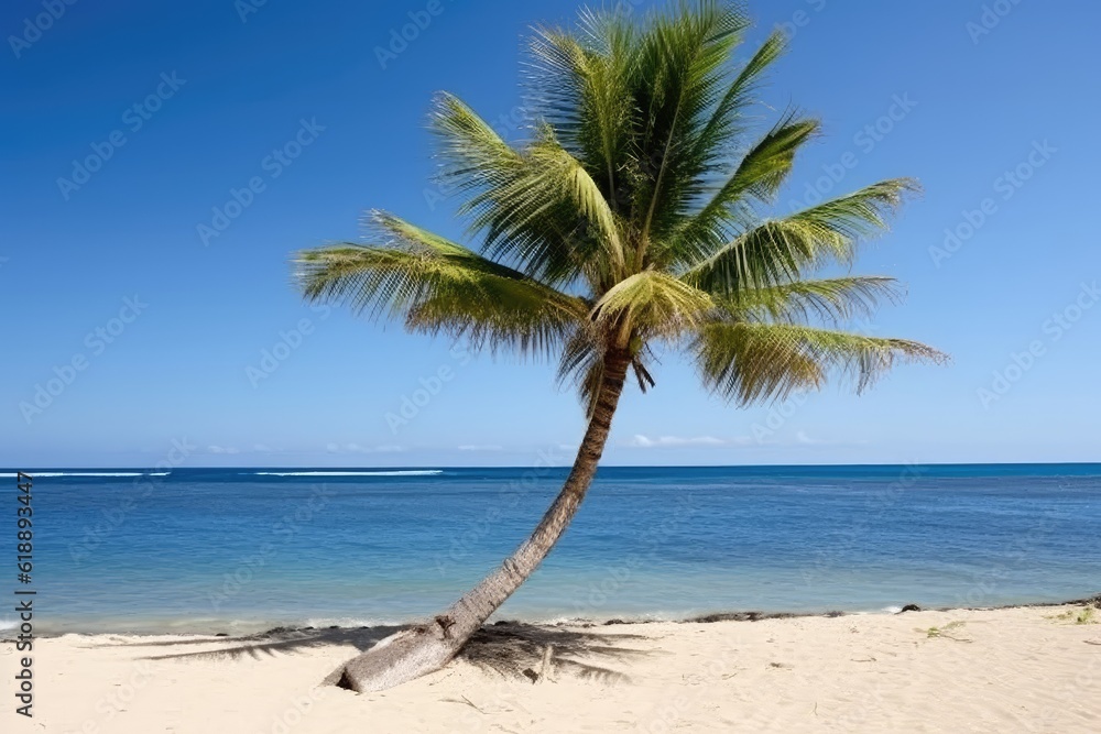 Fototapeta premium Solitary Leaning Palm Tree on Pristine Tropical Beach, Azure Ocean