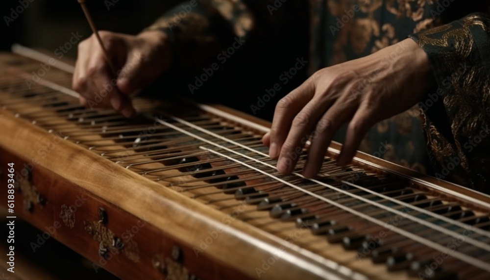 Expert musician hand skillfully plays guitar chord generated by AI