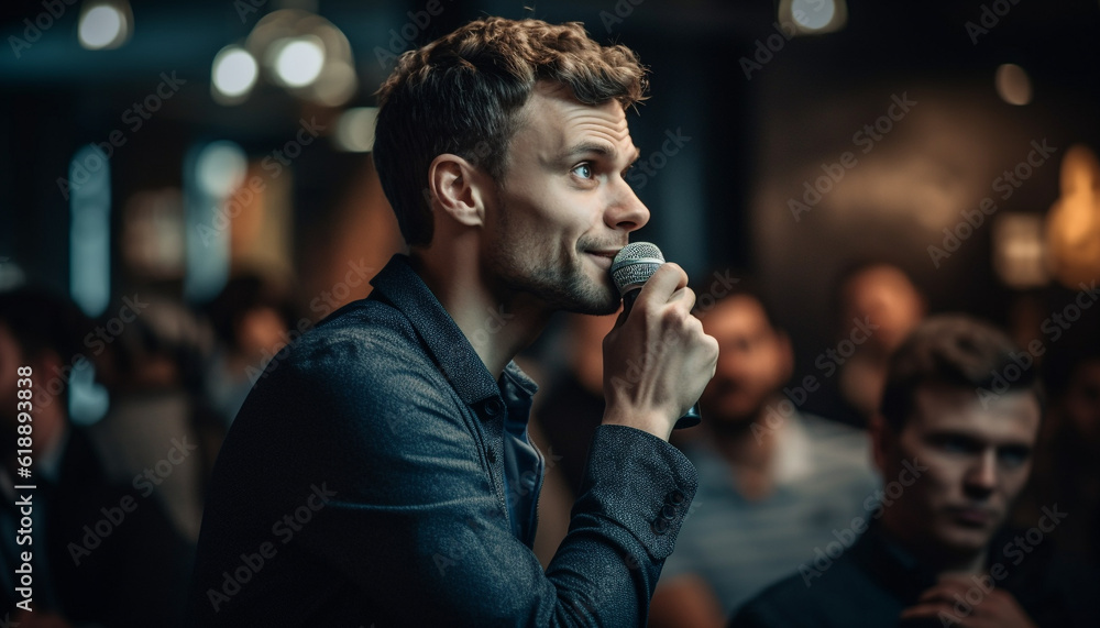Confident businessman holding creativity, success in city nightlife generated by AI Confident businessman holding creativity, success in city nightlife generated by AI