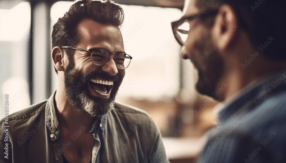 Two young adult males with beards smiling generated by AI