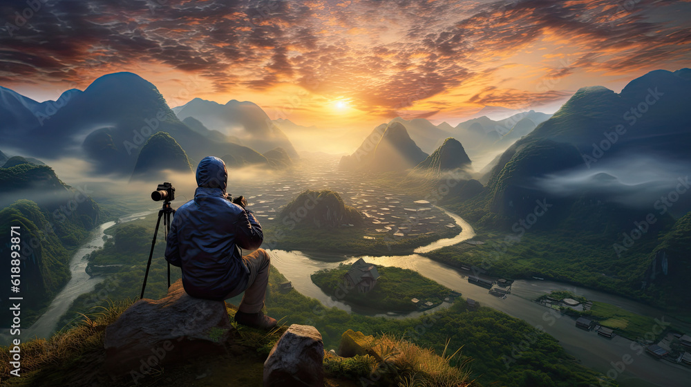 tourist Taking pictures on the top of the mountain, Ninhbin, Vietnam,ai generater tourist Taking pictures on the top of the mountain, Ninhbin, Vietnam,ai generater