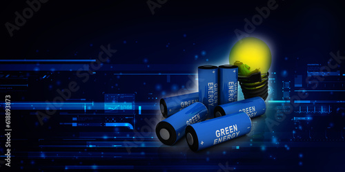 3d rendering Electrical energy and power supply source concept, accumulator battery with cfl bulb
