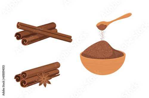 Set of cinnamon sticks with powder and star anise isolated on white background vector illustration