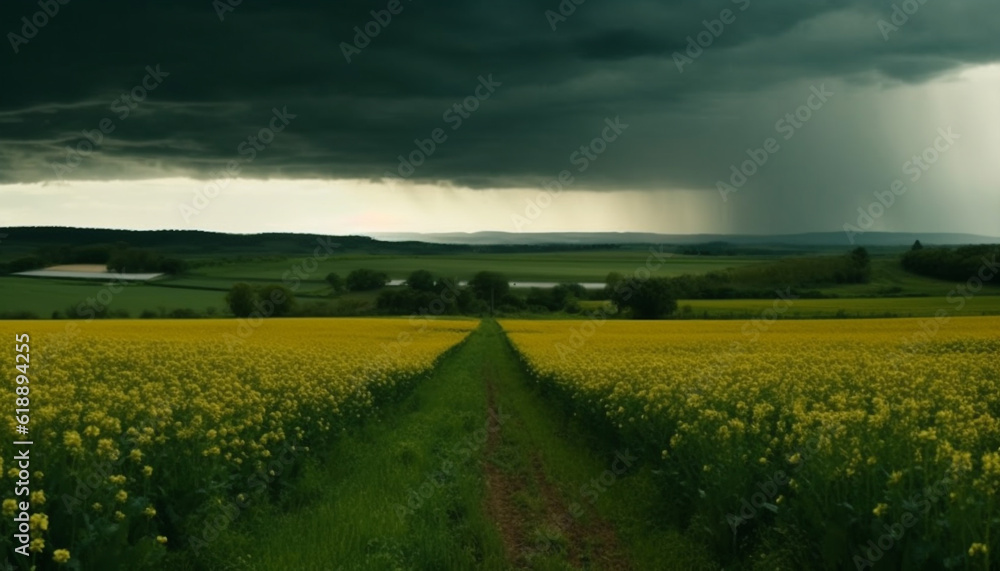 Tranquil canola meadow under overcast summer sky generated by AI