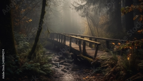 Tranquil scene of autumn forest in fog generated by AI