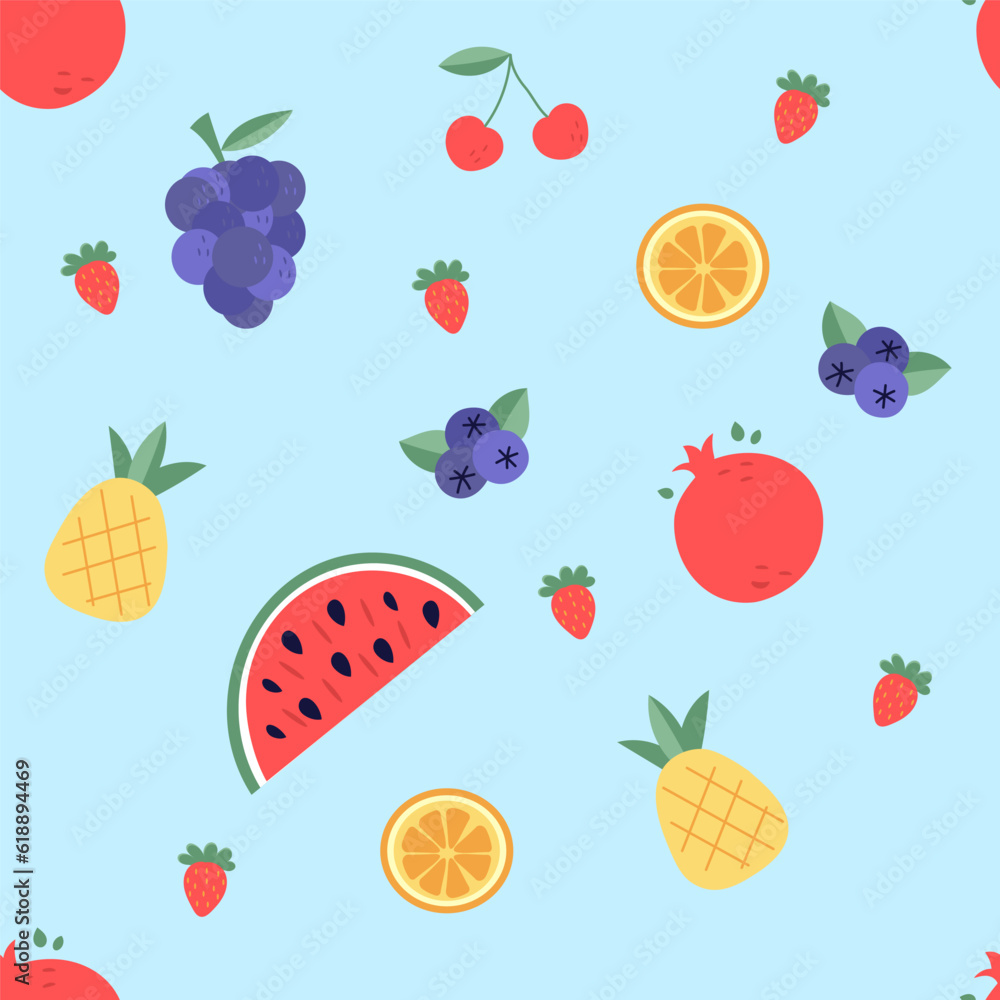 Pattern mix of fruits, watermelon, pineapple, pomegranate, grapes, strawberry. Vector Pattern mix of fruits, watermelon, pineapple, pomegranate, grapes, strawberry. Vector