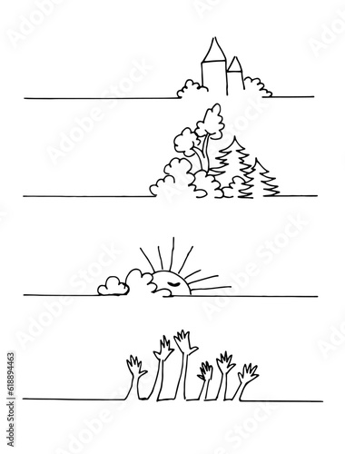 Vector doodle drawing on one line. The city, the hands, the trees and the sun. A set of vectors for the design of the page.