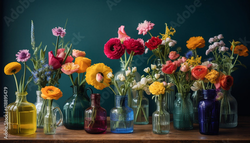 Fresh bouquet of multi colored flowers on table generated by AI