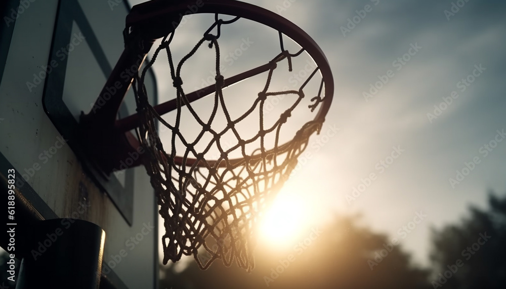 Sunlit basketball hoop, netting swishes, competitive success generated by AI Sunlit basketball hoop, netting swishes, competitive success generated by AI