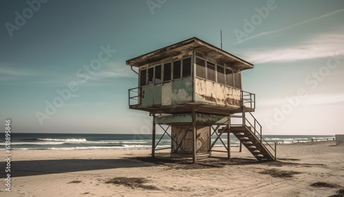 Lifeguard hut built on tranquil seascape landscape generated by AI