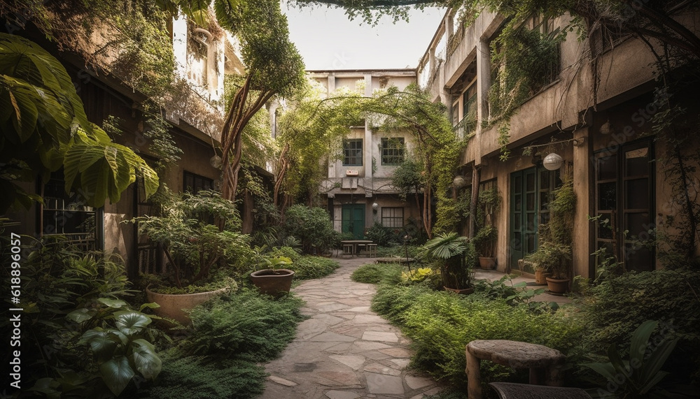 Green footpath leads to old building courtyard generated by AI Green footpath leads to old building courtyard generated by AI