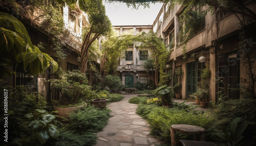 Green footpath leads to old building courtyard generated by AI