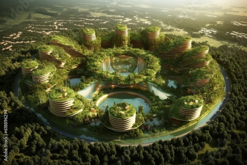 Eco green town - building with plants. Ecology, urban, environment, futuristic concept. Generative AI