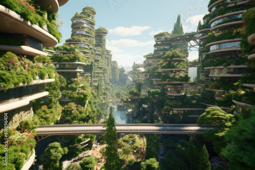 Eco green town - building with plants. Ecology, urban, environment, futuristic concept. Generative AI © happy_finch