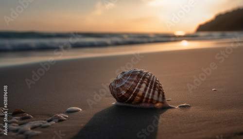 Sunset on tranquil coastline, seashell decoration pattern generated by AI