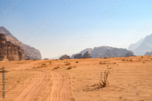 Arabian desert. Wadi Rum. Space landscape. Footprints in the sand. Filming location for many science fiction films.