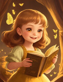 A child reading a book surrounded by butterflies. AI-Generated