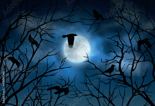 Vector illustration of night sky with glowing full moon, clouds and silhouettes of crooked branches and flying crows