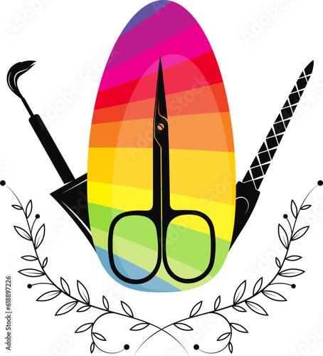 Colored nail, nail file, scissors and brush. Symbol design for nail salon