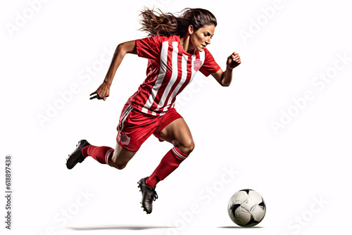Beautiful female soccer player kicking ball with heel. Isolated on white background. Woman football concept. © ckybe