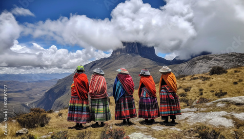 Indigenous cultures hiking mountain peaks in traditional clothing generated by AI photo