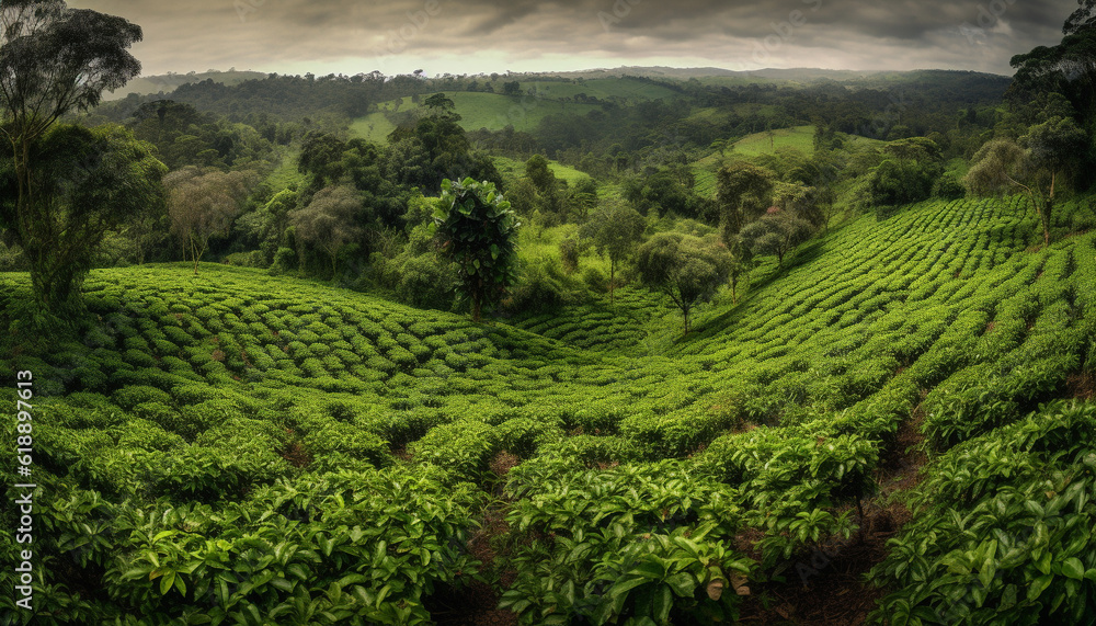 Green tea leaves grow on tranquil mountain meadow generated by AI