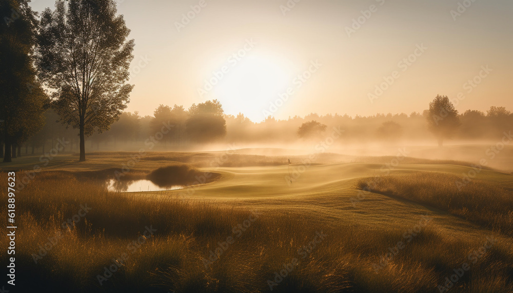 Sunset silhouette of pine trees on pond generated by AI Sunset silhouette of pine trees on pond generated by AI