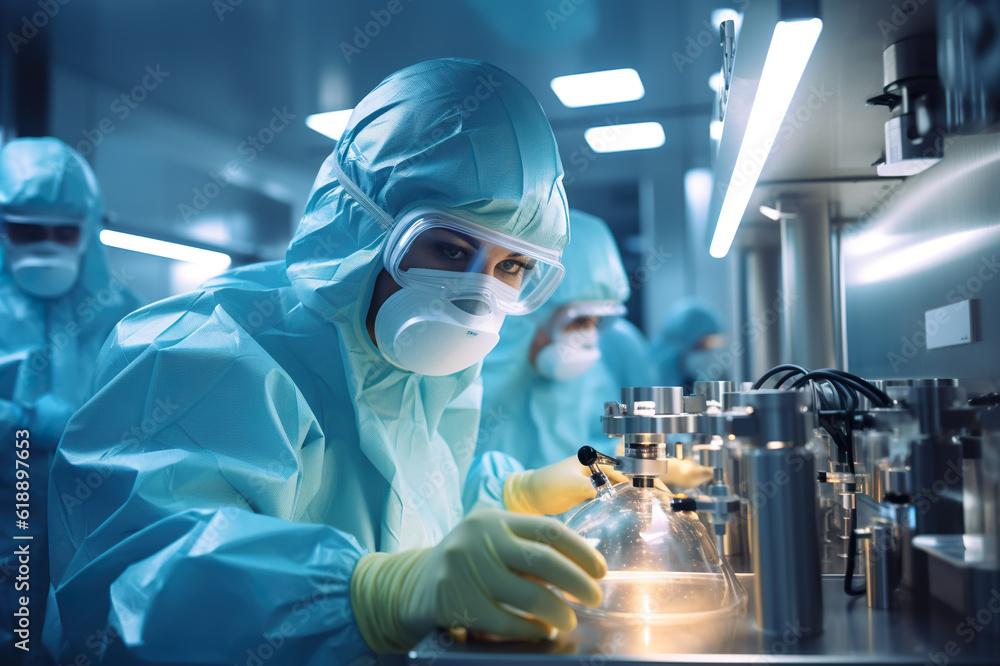 A person in a lab coat and protective gear. Generative AI. Workers in protective wear in industrial manufacturing cleanroom environment. A person in a lab coat and protective gear. Generative AI. Workers in protective wear in industrial manufacturing cleanroom environment.
