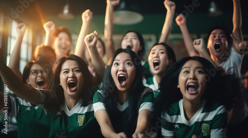 Group of Beautiful Asian woman friends sitting on sofa watching soccer game competition on television together. Happy female soccer fans cheering victory. © ckybe