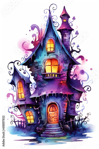 A watercolor painting of a house with a spooky roof. Generative AI. Halloween clipart drawing. © tilialucida