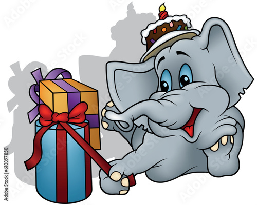 Smiling Elephant with a Cake on his Head Unwraps his Presents