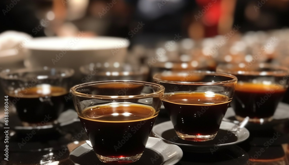 Liquid refreshment in a row, focus foreground flame generated by AI Liquid refreshment in a row, focus foreground flame generated by AI