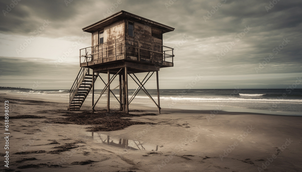 Tranquil seascape, lifeguard hut watches over water generated by AI Tranquil seascape, lifeguard hut watches over water generated by AI