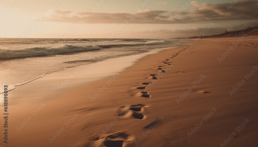 Wet footprints on golden sand at sunset generated by AI Wet footprints on golden sand at sunset generated by AI