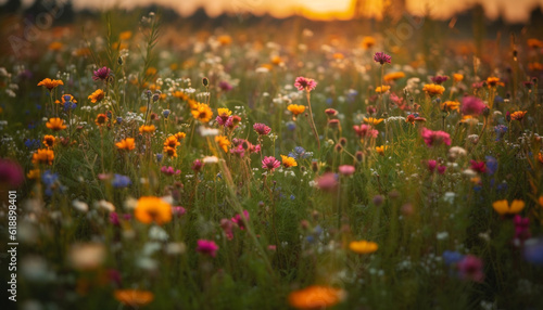 Vibrant wildflowers bloom in tranquil meadow sunrise generated by AI