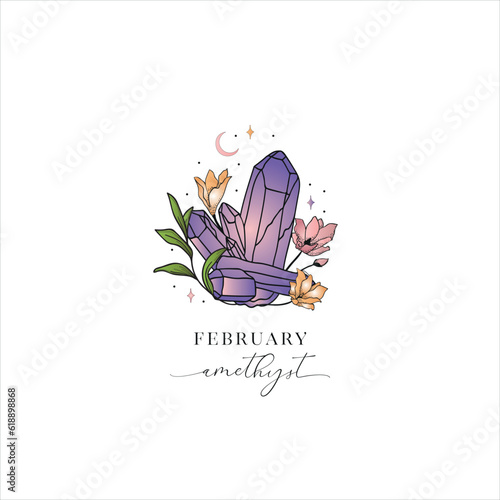 Colored Flowered Hand Painted Birthstones Gem Illustration. Healing Crystal. February – Amethyst.