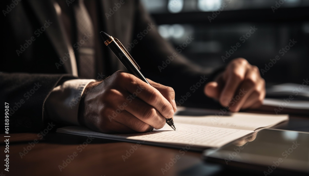 Businessman holding pen, working on success plan generated by AI Businessman holding pen, working on success plan generated by AI