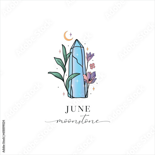 Colored Flowered Hand Painted Birthstones Gem Illustration. Healing Crystal. June– Moonstone.