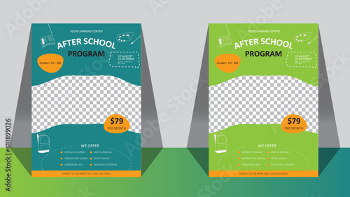 After school program brochure template layout. Learning center. Flyer, booklet, leaflet print design with linear illustrations. Vector page layouts for magazines, annual reports, advertising posters