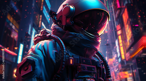 Neon night front view astronaut illustration of the astronaut in futuristic neon lit cyberpunk city © ckybe
