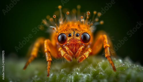 Spooky arachnid magnified, green eyes looking at viewer generated by AI