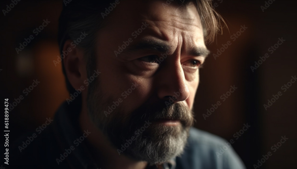 Sadness in mature man eyes, looking outdoors generated by AI Sadness in mature man eyes, looking outdoors generated by AI